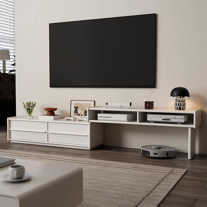 Solid Wood TV Stand for TVs up to 65 Inch，extendable tv Stand with Storage and Shelf for Living Room, Bedroom, Offic,Entertainment Center (White)