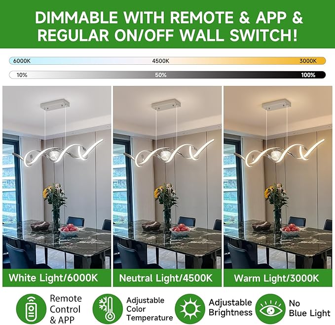 LED Modern Chandeliers for Dining Room, 39in Dimmable Chrome Chandelier Kitchen Pendant Lighting Over Island, Linear Wave Spiral Pendant Light Fixtures Dining Room Lights Ceiling Hanging, 36W