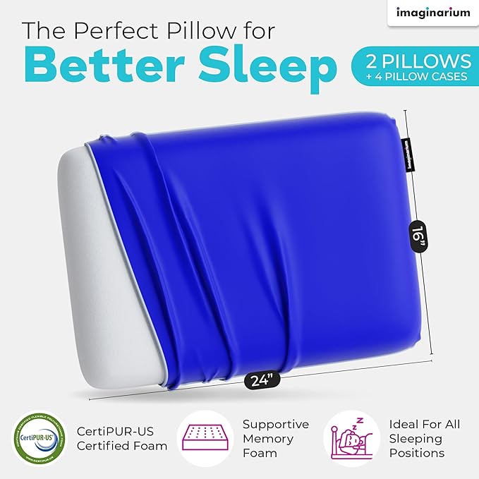 Imaginarium 2 Pack Memory Foam Pillows for Bed – 16" x 24" Standard – Fun Decorative Colorful Pillow for Sleeping – Back, Stomach & Side Sleepers – Includes 2 Extra Cooling Covers (Navy Blue)