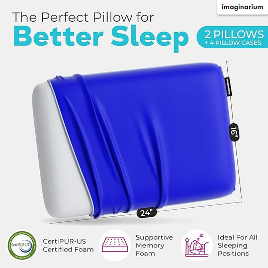 Imaginarium 2 Pack Memory Foam Pillows for Bed – 16" x 24" Standard – Fun Decorative Colorful Pillow for Sleeping – Back, Stomach & Side Sleepers – Includes 2 Extra Cooling Covers (Navy Blue)
