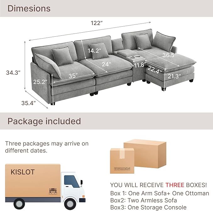 122" Oversized Modular Sectional Sofa with Storage Console,L-Shaped Cloud Couch with Movable Ottoman,Deep Seat,Thick Cushions, Multi Functional Console with USB & 2 Cup Holder,Sofa Set for Living Room | Wood Frame