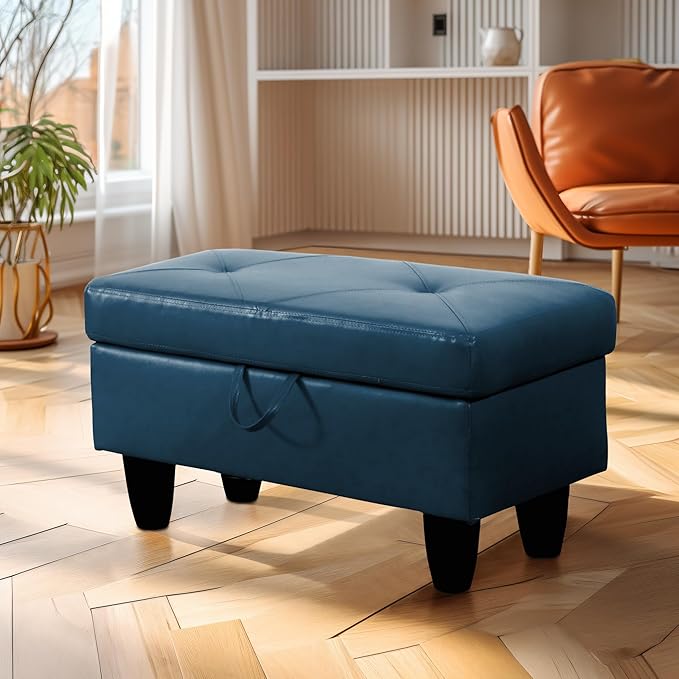 Ottoman Rectangular Storage Ottoman Bench, Faux Leather Footrest, Coffee Table, Stool Footstool with Hinged Lid for Living Room, Bedroom, Entryway, Navy Blue, 28.5"x19"x17.5"