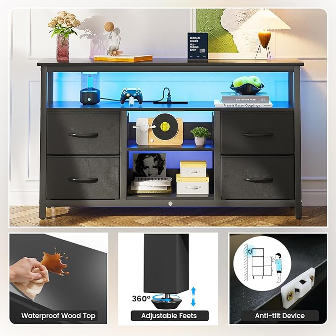 Haewon Black TV Stand with LED Lights and Power Outlets, Entertainment Center for 55 inch TV, Media Console Table with 4 Fabric Drawers and Open Shelf for Living Room, Wood Top and Metal Frame