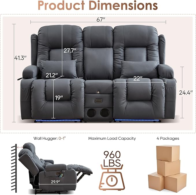 TUNYI Wall Hugger Loveseat Recliner Sofa with Console, Power Reclining Loveseat RV Couch with Massage & Heat/USB/Outlet/Storage/LED Light/Speaker (Blue)