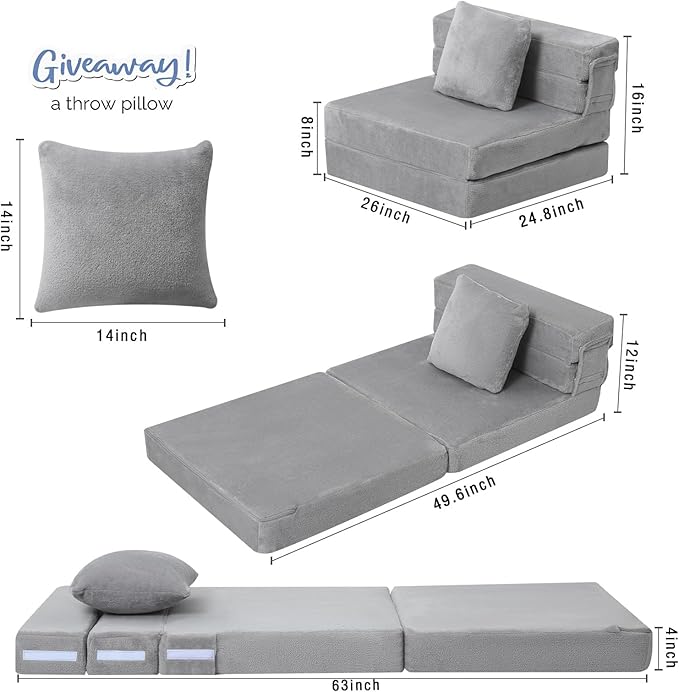 MeMoreCool Foldable Futon Chair Bed for Kids, Grey Tri-fold Convertible Toddler Sofa Mattress, Foam Floor Couch for Sitting