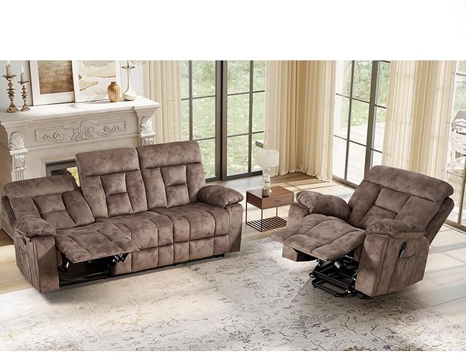 EBELLO 2 Piece Reclining Living Room Set, Soft Fabric Recliner Sofa Furniture Set, Included Power Lift Recliner Chair with Massage and Heat and 3 Seat Sofa, Brown