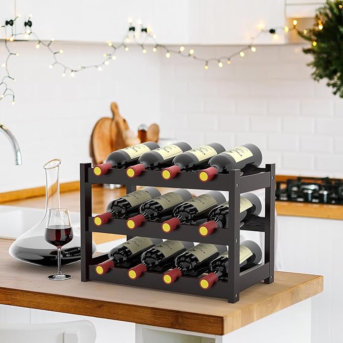 Bamboo Wine Rack Countertop, 3-Tier 12 Bottles Wine Storage Shelf for Kitchen Pantry Cabinet - Dark Brown