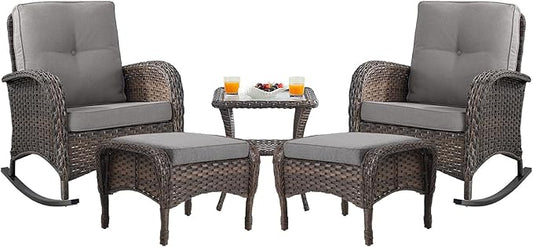 Belord Patio Rocking Chairs Furniture Set - 5 Piece Outdoor Wicker Furniture Sets with Ottomans, Small Patio Conversation Sets with Wicker Rocking Chairs Brown/Grey