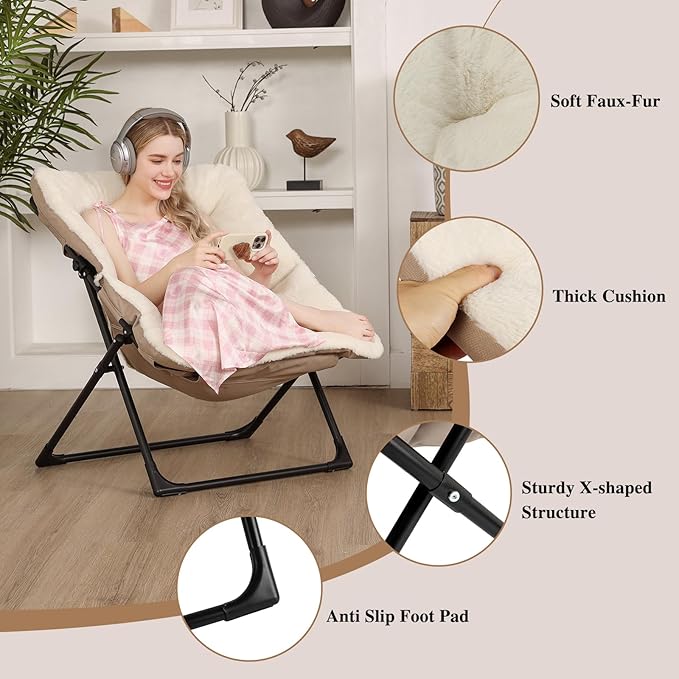 Comfy Saucer Chair for Adults, Soft Faux Fur Bedroom Chair with Ottoman, Accent Dorm Chairs, Living Room Reading Chairs and Footstool, Folding Seat for Teens, X-Large, Beige