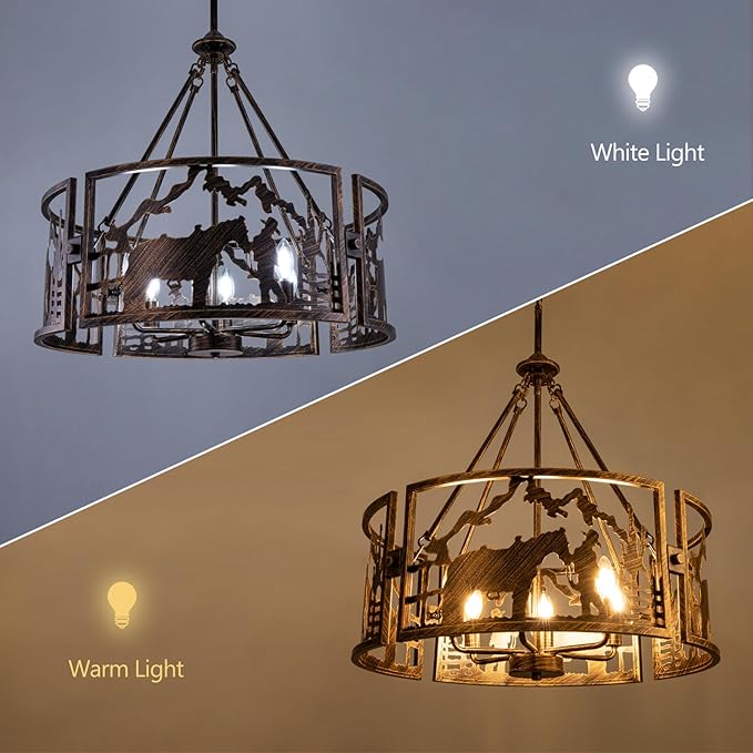 TOCHIC 6-Light Farmhouse Chandelier for Dining Room, Rustic Drum Chandelier in Bronze Metal, Western Cowboy Horse Light Fixture for Living Room, Dining Room, Bedroom, Foyers, W-26.37"
