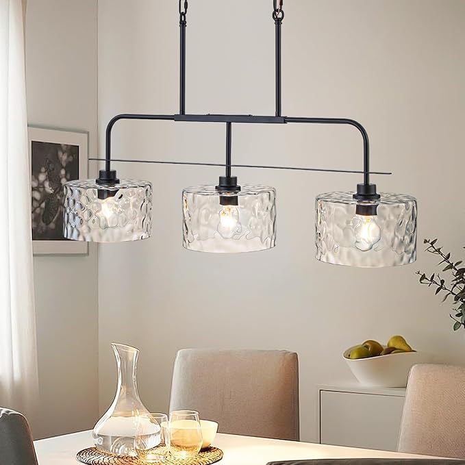 36" Linear Chandelier with Clear Rippled Glass Shades 3-Light Black Linear Pendant Light, Industrial Hanging Chandelier for Kitchen Island, Dining Room, Living Room, Pool Table