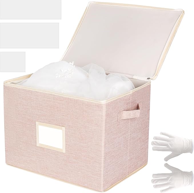 Wedding Dress Storage Box with 1 Pair of Microfiber Gloves and 20 Sheets of Acid-Free Paper, Wedding Dress Preservation Box for Heirlooms, Gowns Bride Musthaves (Pink)