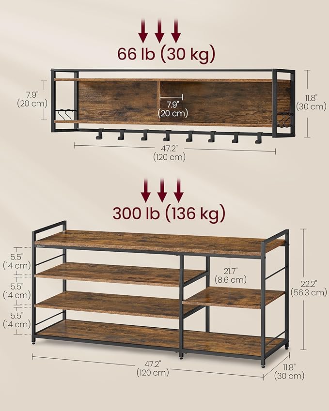 VASAGLE Hall Tree with Shoe Bench, Coat Rack Shoe Bench Set, Entryway Furniture, Multifunctional, 12 Metal Hooks, 4-Tier Shoe Rack, for Entryway, Bedroom, Rustic Brown ULSB109K01
