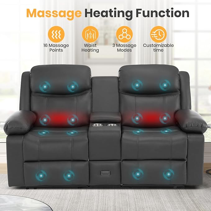 Reclining Loveseat Recliner Sofa with Massage & Heating, Reclining Loveseat with Console, RV Wall Hugger Double Loveseat Recliner Couch for Living Room & Home Theater (Grey)