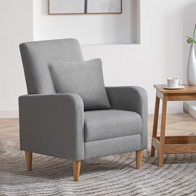 COLAMY Modern Upholstered Accent Chair Armchair with Pillow, Fabric Reading Living Room Side Chair,Single Sofa with Wood Legs, Light Grey
