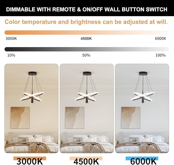 Modern LED Chandelier, Dimmable 20in Black Kitchen Pendant Light Fixture Dining Room Lights Ceiling Hanging, 2 Ring Round Chandeliers for Bedroom Living Room Staircase Over Table (3360lm)