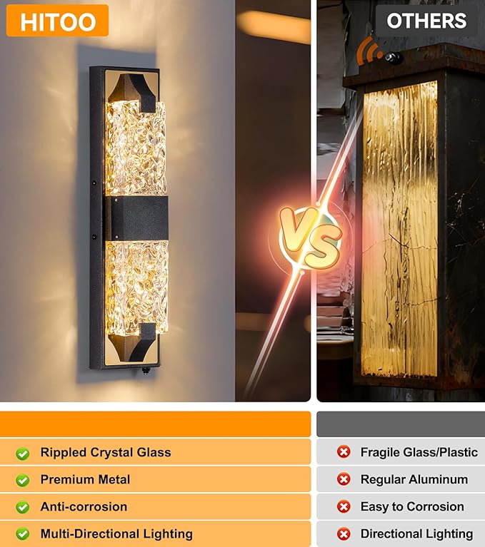 HITTO Dusk to Dawn Outdoor Lighting,18.8'' Porch Lights Outdoor IP65 Waterproof Exterior Lighting Fixtures 12W LED Ripple Crystal Modern Outdoor Light for House, Garage, Door, Patio 2pcs(Black & Gold)