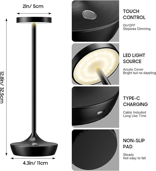 LED Cordless Table Lamp Rechargeable，Outdoor Battery Operated Desk Lamp Touch 3 Color Dimming Portable Waterproof Night Light for Patio/Restaurant/Dining/Home (Black)