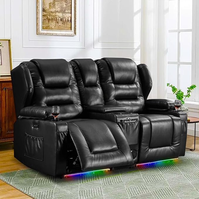 Oprisen Loveseat Power Recliner Sofa Couch Electric Reclining Sofa Chair for Living Room with Multi-Function Console/Cup Holders/LED Ambient Light