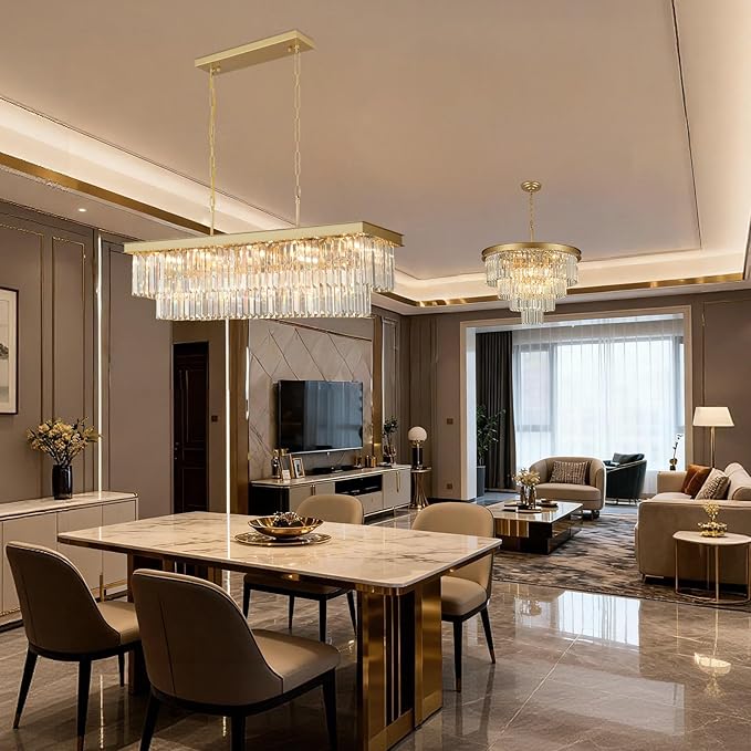 Crystal Chandeliers for Dining Room Light Fixtures Over Table，15-Lights Gold Modern Rectangle Chandeliers for Kitchen Island Bar
