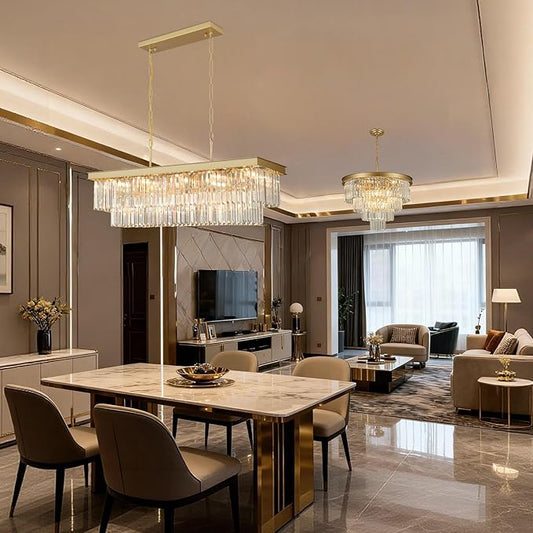 Crystal Chandeliers for Dining Room Light Fixtures Over Table，15-Lights Gold Modern Rectangle Chandeliers for Kitchen Island Bar