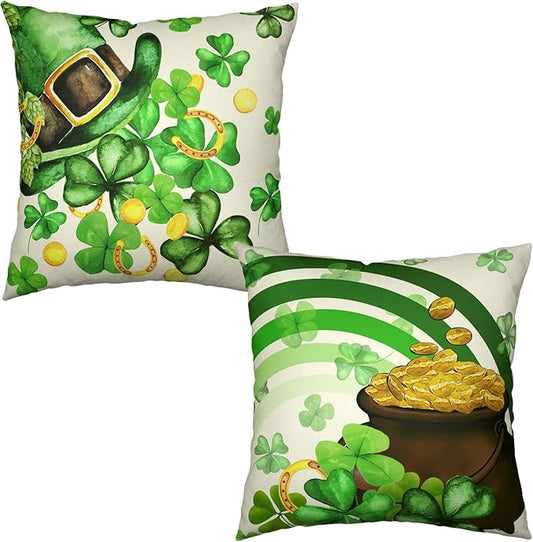 St. Patrick's Day Pillow Covers 24x24 Green Shamrocks Lucky Charm Stripes Pillow Cases Set of 2 St Patrick Day Clover Blessed Hat Gold Coin Pot Pillowcases for Farmhouse Living Room Decor