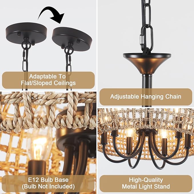 18'' Hand Woven Rattan Chandelier, 6-Light Rattan Pendant Light Farmhouse Chandeliers for Dining Room Light Fixture, Rustic Chandelier Wicker Hanging Pendant Lighting for Bedroom Living Room Foyer
