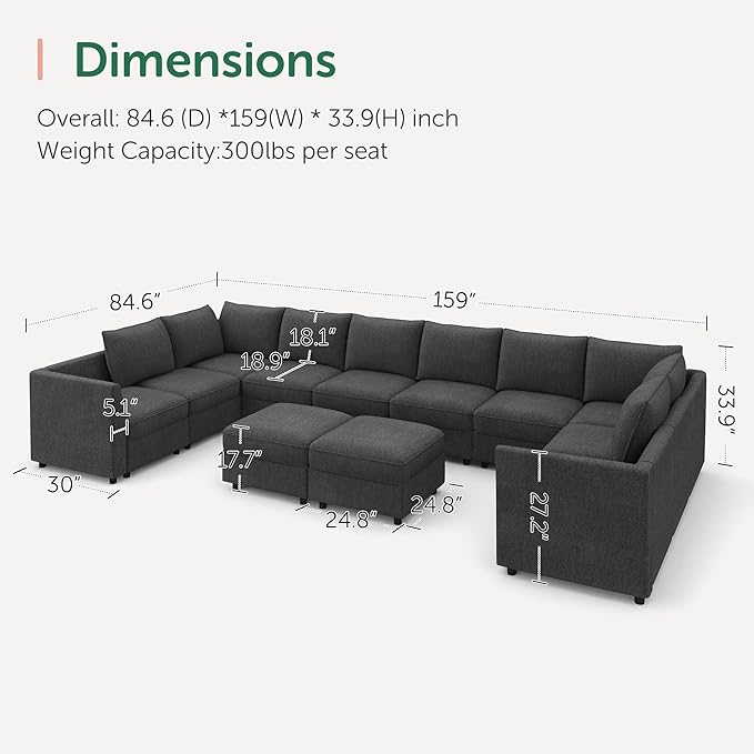 HONBAY Modular Sectional Sofa Sleeper Couch with Storage Modular Couch Convertible Couches for Living Room - Snowflake Velvet Grey