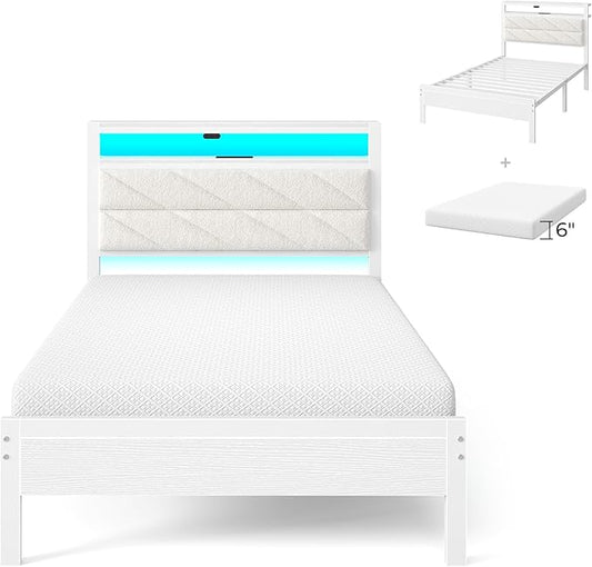 Seventable Bed Frame Twin Size with Charging Station, LED Bed with Upholstered Storage Headboard - 6 Inch Gel Memory Foam Mattress, Fiberglass Free, Breathable & Pressure Relief