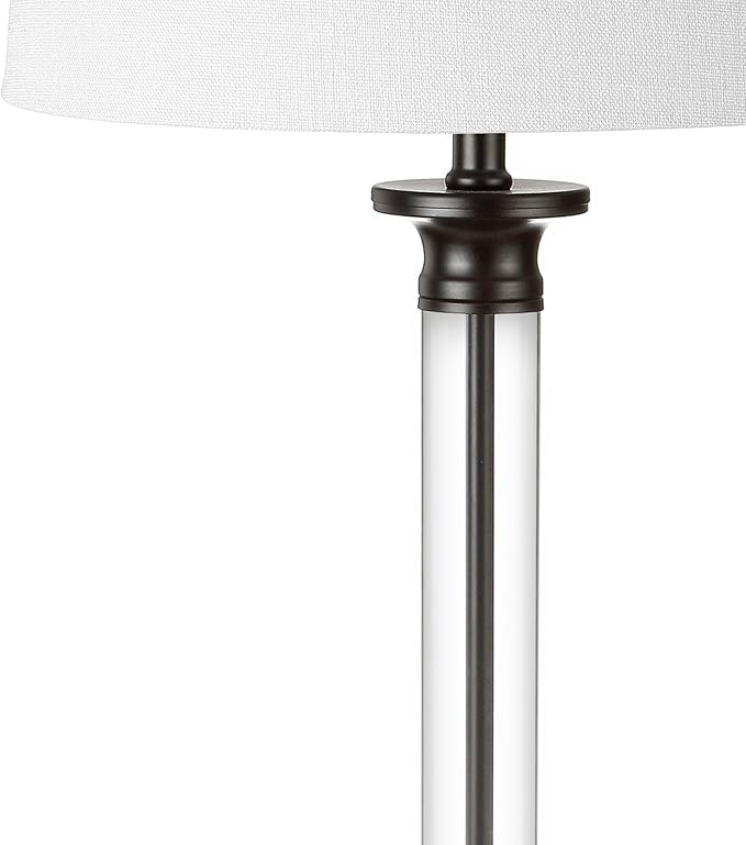 JONATHAN Y 30" Black/Clear Glass and Metal Column Table Lamp Set of 2 for Living Room Bedroom, Traditional Iron Base with White Linen Drum Shade, LED Bulbs Included JYL1008A-SET2