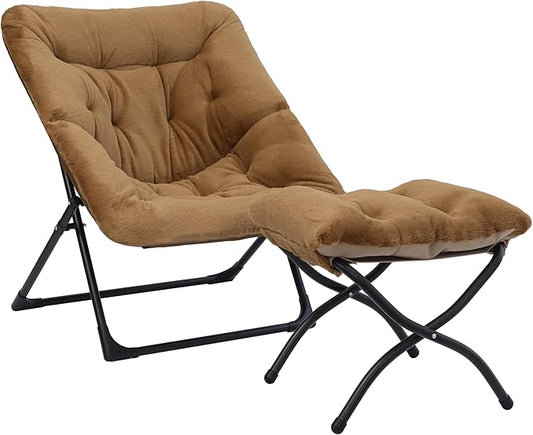 Comfy Saucer Chair for Adults, Soft Faux Fur Bedroom Chair with Ottoman, Accent Dorm Chairs, Living Room Reading Chairs and Footstool, Folding Seat for Teens, X-Large, Brown