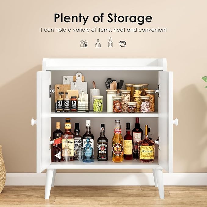 Sideboard Buffet Cabinet with Storage, Rustic Bar Liquor Cabinet with Boho Rattan Decorated Doors, Retro Credenza Console Table for Dining Room Living Room Hallway EntryWay, White