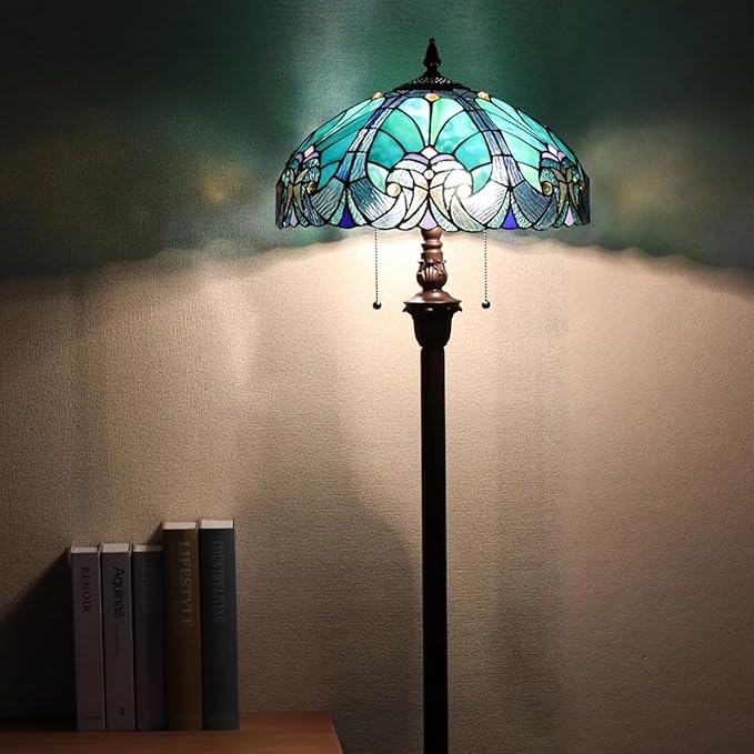 Tiffany Floor Lamp,Stained Glass Lamp Shade,Vintage Antique Style Standing Double Light for Living Room & Bedroom