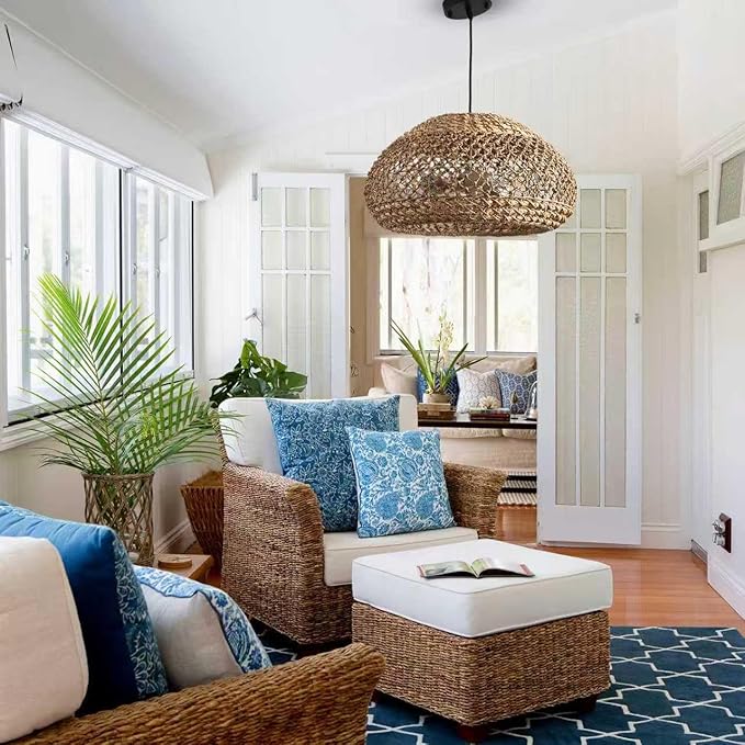 18.89" Large Rattan Pendant Light Fixture, Boho Ceiling Hanging 3-Light Hand-Woven Wicker Chandelier, Suitable for Kitchen Islands, Dining Rooms, and Farmhouses.
