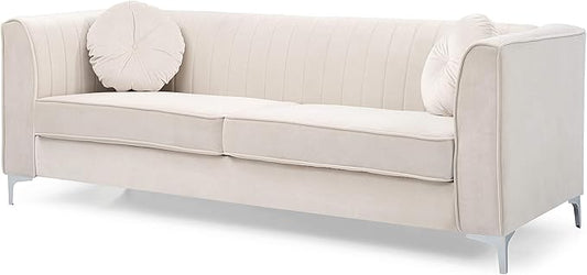 Glory Furniture Delray Velvet Upholstered Sofa in Ivory/Chrome Legs