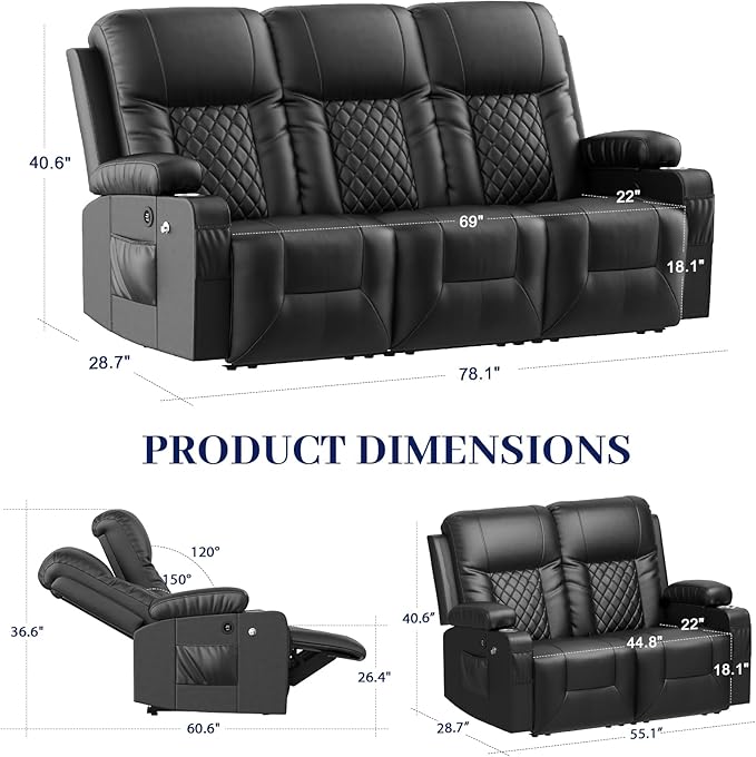 FURNIMAT Oversized Recliner Sofa Set with 3+2+1 Pieces in Living Room, 1 Reclining Loveseat Couch, 1 Recliner Chair with 360 Degree Swivel Single Sofa Seat, 3 Seats Dual Reclining Sofa with USB Ports