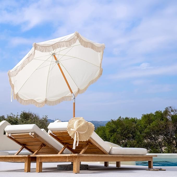6.5ft Boho Beach Umbrella with Fringe, UPF 50+ Tassel Umbrellas with Carry Bag, Premium Wood Pole Foldable Patio Umbrella for Outdoor Holiday Garden Lawn Pool Yard Table