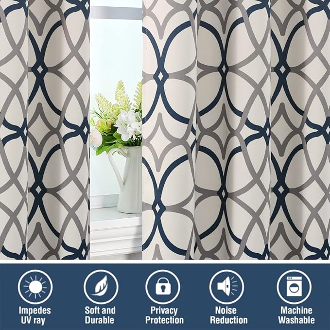 H.VERSAILTEX Blackout Curtains Printed Design 84 Inch Length 2 Panels Set Thermal Insulated Curtains for Bedroom Living Room Geometric Modern Grommet Window Drapes - Grey and Navy