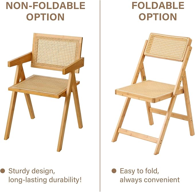 Rattan Folding Chair, Modern Mid Century Dining Chair Set of 1, Outdoor Bamboo Chairs for Bedroom Living Room Reading Room Dining Kitchen, Wood