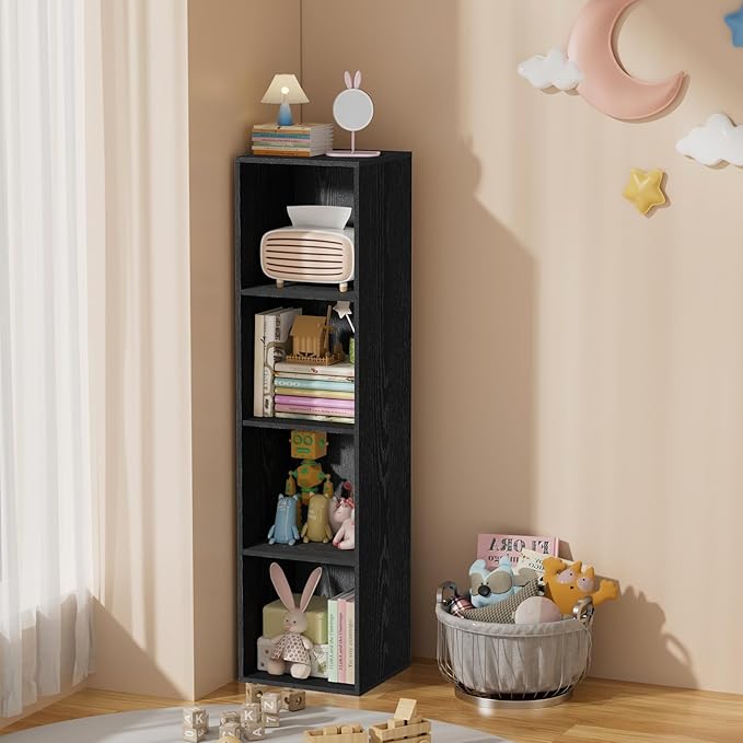 4 Tier Bookshelf, Freestanding Corner Storage Shelve Book Case for Narrow Space, 4 Cube Storage Organizer Small Bookcase for Home Office Living Room (Black, 4 Cube)