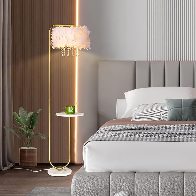 beaysyty Unique Led White Feather Floor Lamp with Tray,Ostrich Feather Stand Lamp,Living Room Bedroom Office Shop Window Decoration Lamp,Foot Switch and Brass/Gold Finish Arc Floor Lamp
