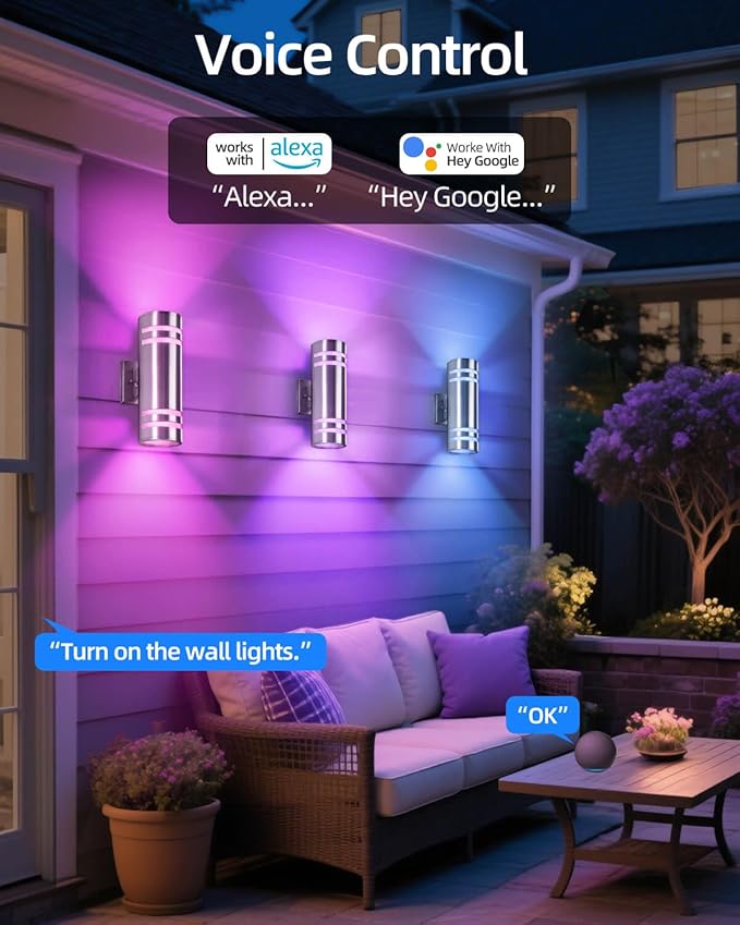 Smart Stainless Steel Outdoor Wall Light 2 Pack, WiFi RGB Up and Down Sconce with Dusk to Dawn Sensor, Color Changing Exterior Lighting Fixtures, Compatible with Alexa & Google, Remote Included