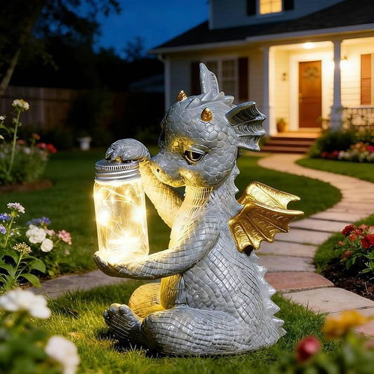 DiliComing Solar Dragon Garden Statues - Cute Dragon Baby Holding a Solar Jar, Outdoor Lawn Décor for Garden Yard, Balcony and Home, for Women