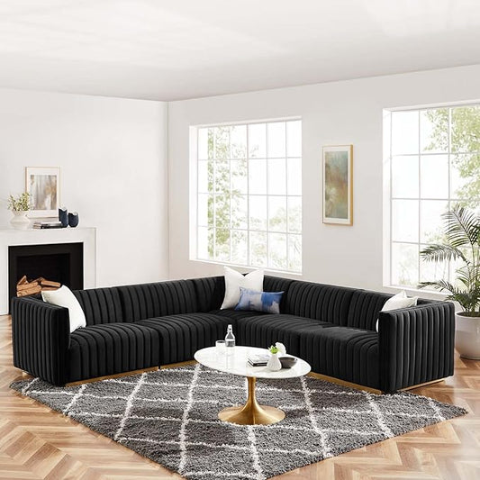 Modway Conjure Channel Tufted Performance Velvet Sectional, 5-Piece Right L-Shaped Sofa, Black Midnight Blue