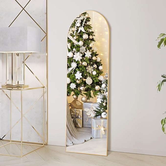OLIXIS Arched Full Length Mirror 59"x16" for Bedroom, Full Body Mirror with Stand, Hanging or Leaning for Wall, Aluminum Alloy Thin Frame Floor Standing for Living Room, Tall, Gold