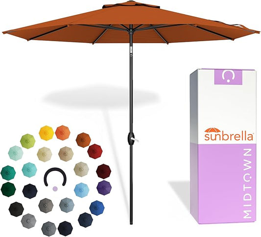 Midtown Umbrellas - The Lean 8 Ft Patio Umbrella with Fade-Resistant Sunbrella Fabric, Auto-Tilt Aluminum Frame and 8 Reinforced Ribs for Deck, Pool & Garden - Terracotta Canopy, Black Pole