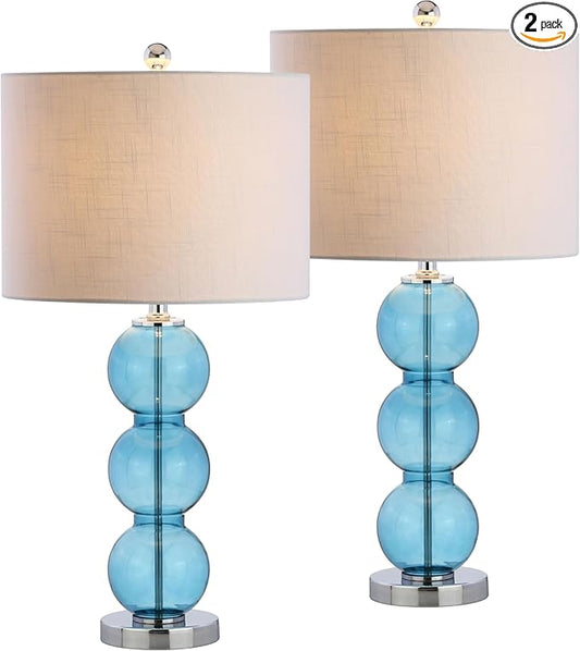 JONATHAN Y 27" Sky Blue/Chrome Triple-Sphere Glass Table Lamp Set of 2, Bedside, White Linen Shade, Modern Table Lamps for Living Room, Bedroom, Office, LED Bulbs Included (JYL1070C-SET2)