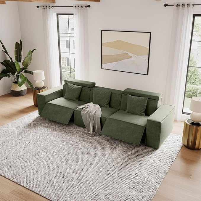 114.67'' Power Recliner Couch, Modern Recliner Sofa for Living Room, Performance Fabric Couch with Pillows, Mid Century Modern Sofa, Pet Friendly, Free Combination for Home, Green