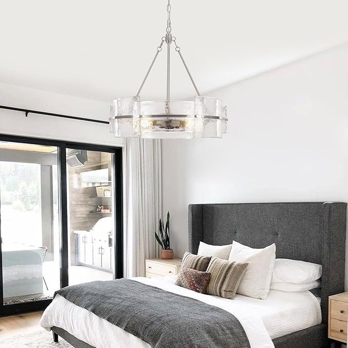 22" Modern Chandelier, Brushed Nickel Glass Chandelier, Large Round Chandelier for Dining Room, Foyer, Bedroom, Hallway, Entryway