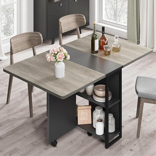 GarveeHome Folding Dining Table, Space Saving Farmhouse Dining Table for 4 Storage Shelf, 6 Wheels Multipose Expandable Kitchen Drop Leaf Table for Small Spac
